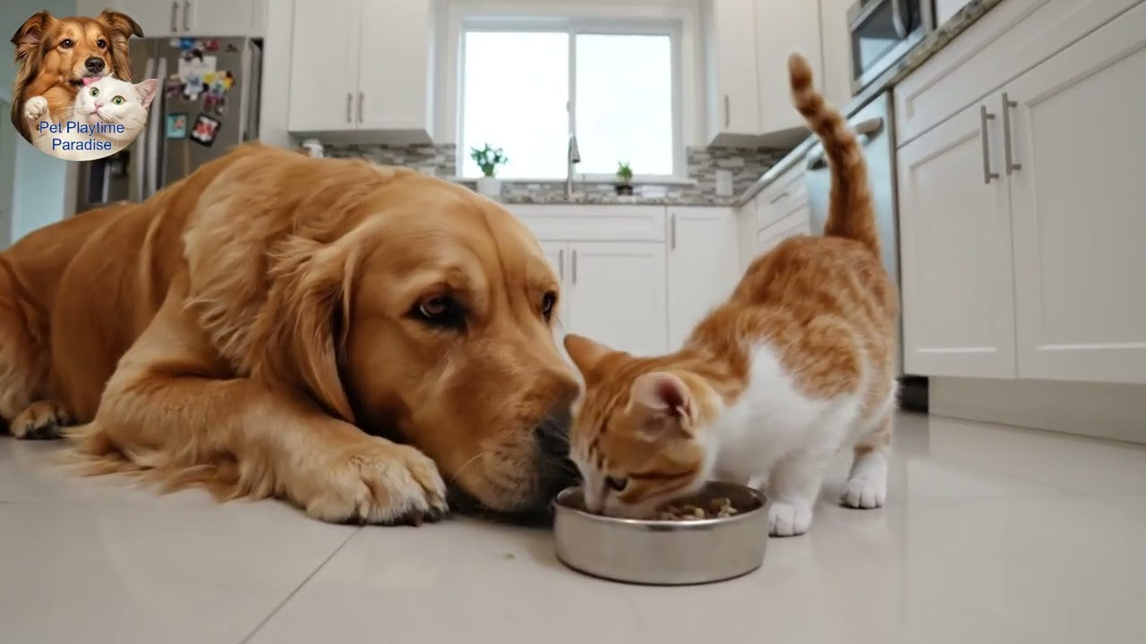 The gentle golden dog with the tiny guest: No longer greedy!