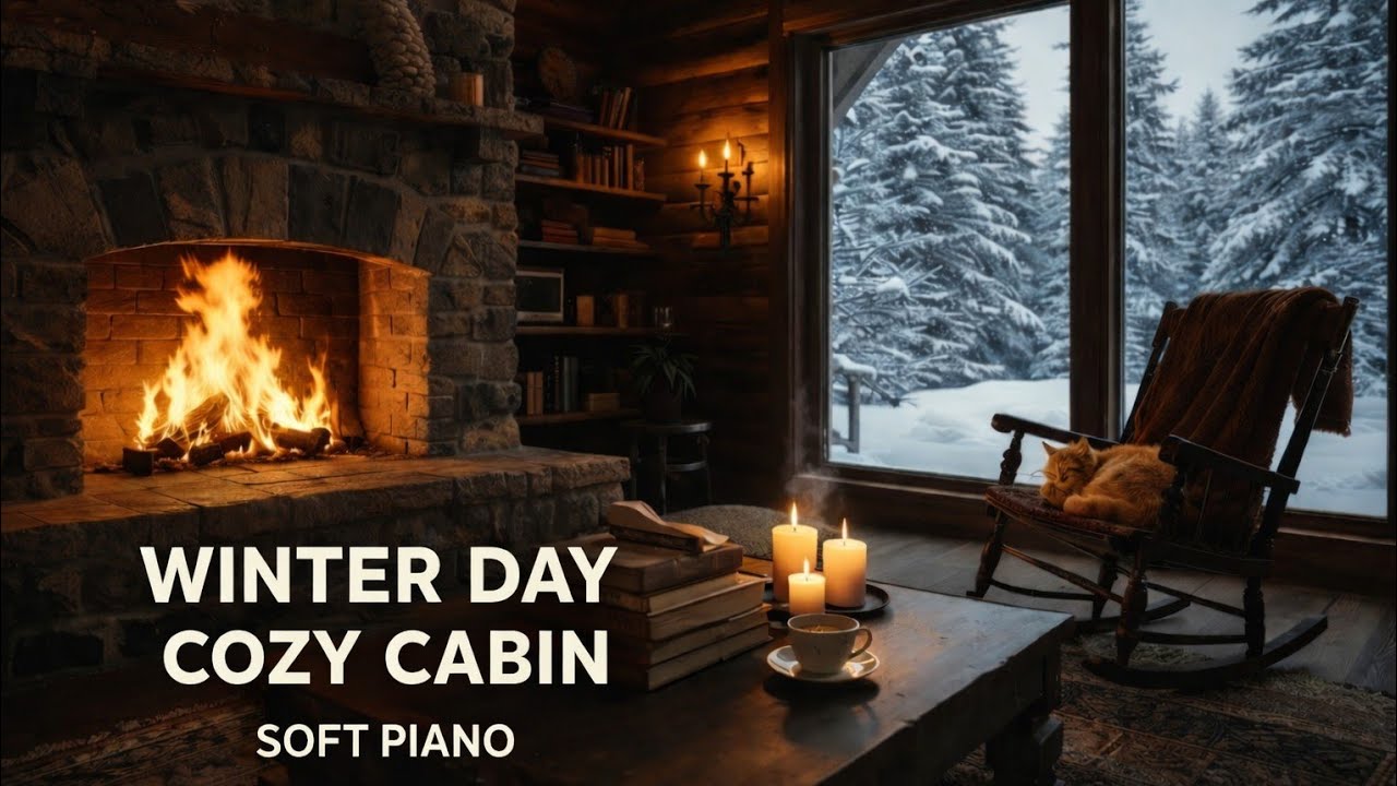 Beautiful Winter Day & Soft Piano Music 🎹 Cozy Wooden House Ambience for Stress Relief