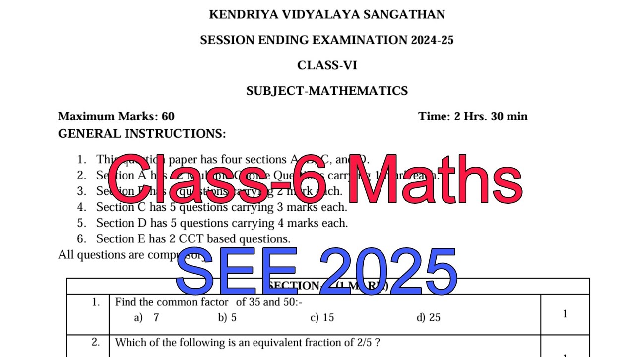 (Paper-2) Class-6 Maths / Annual Exam Question Paper / Session 2024-25 /Session Ending Exam of KV