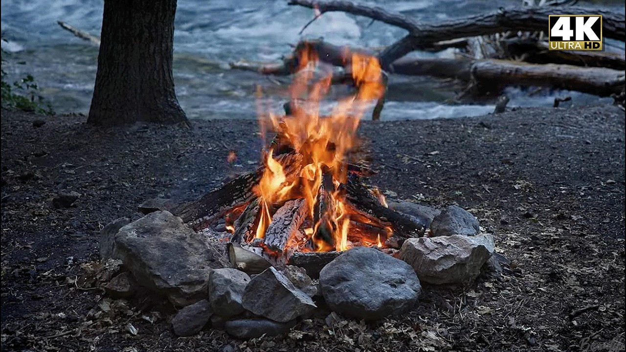 12-Hour Riverside Campfire | Cozy Crackling Fire Sounds, Gentle River Ambience & Deep Relaxation