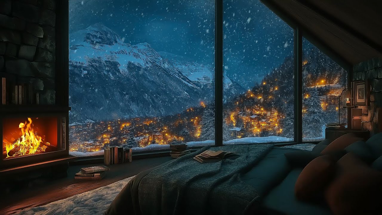 Deep Sleep in a Mountain Cabin | Blizzard Sounds & Warm Fireplace ASMR Ambience 🏔️💤