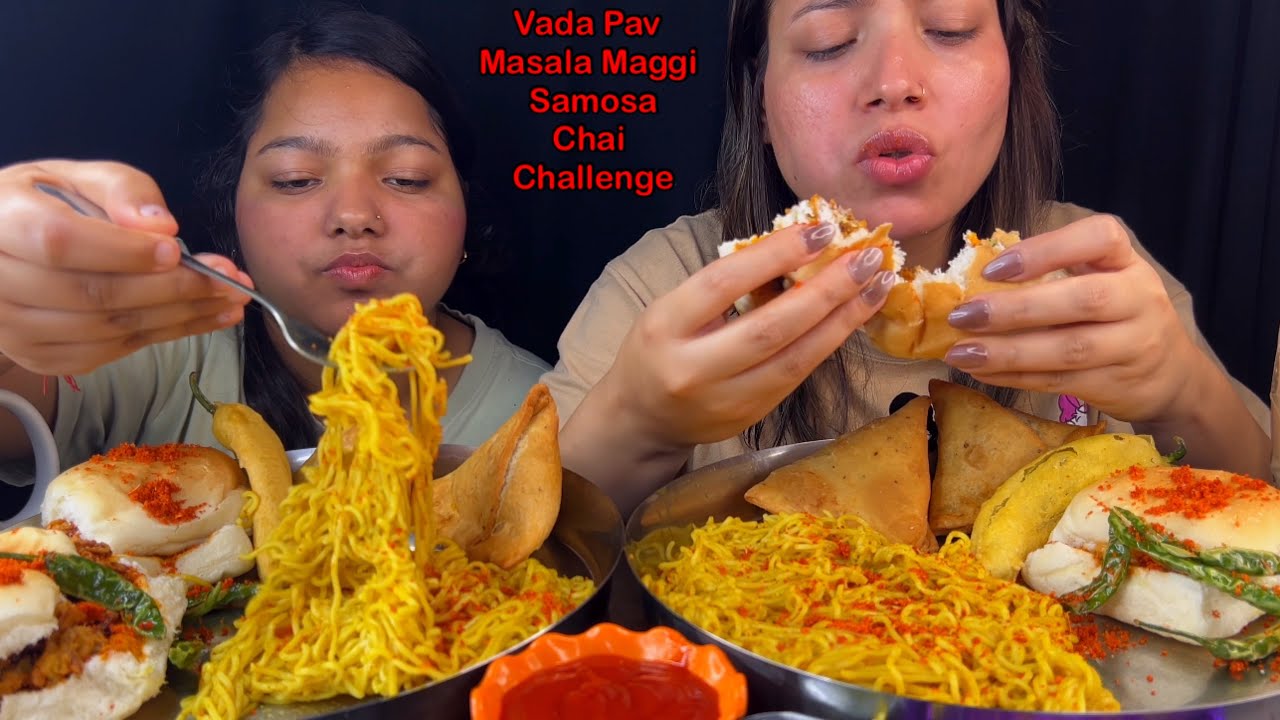 Eating Spicy🔥 Masala Maggi, Tandoori Cheese Vada Pav, Aloo Samosa, Chai | Indian Food Challenge