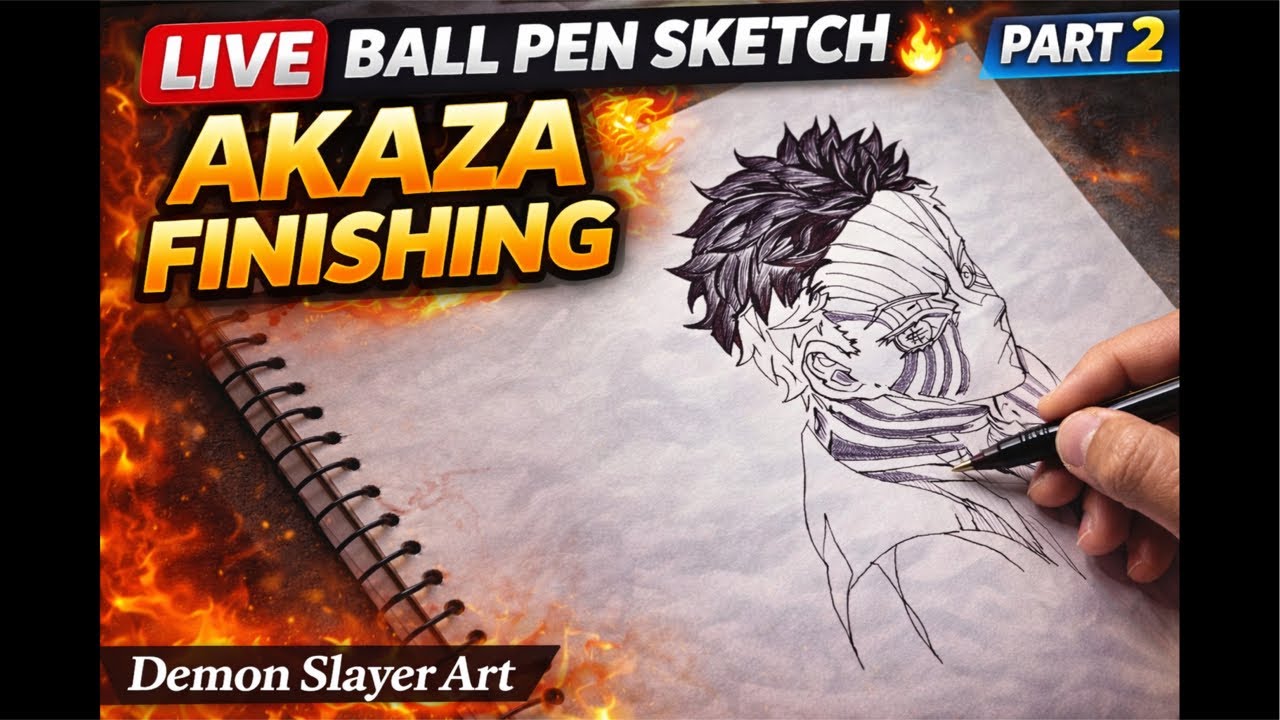 LIVE Ball Pen Sketch 🔥 Akaza | Demon Slayer Art | Continuing Drawing. #live #ballpenart #akaza
