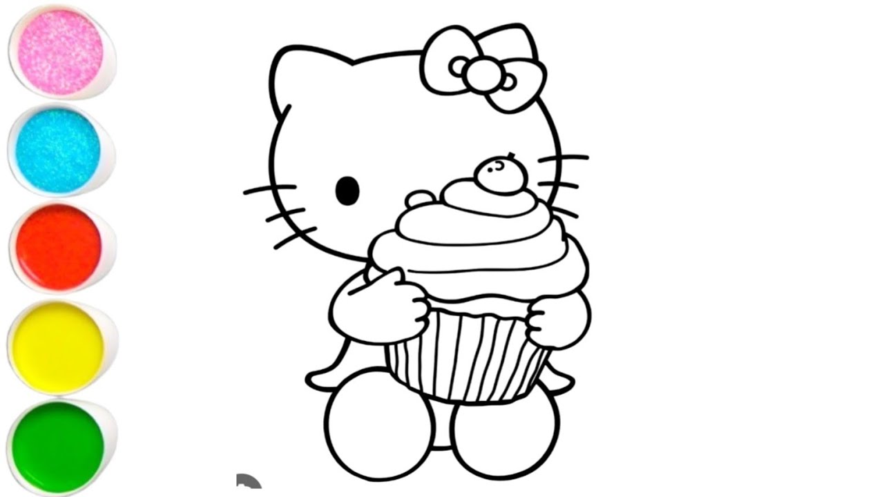 Hello kitty holding cup cake drawing and coloring for kids and toddler's.