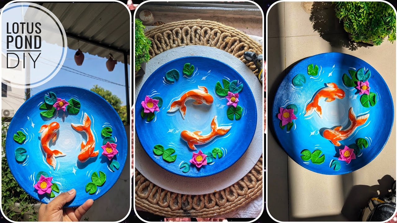 DIY Lotus pond with koi fish/Wall decor ideas/super Clay craft ideas/mould it clay