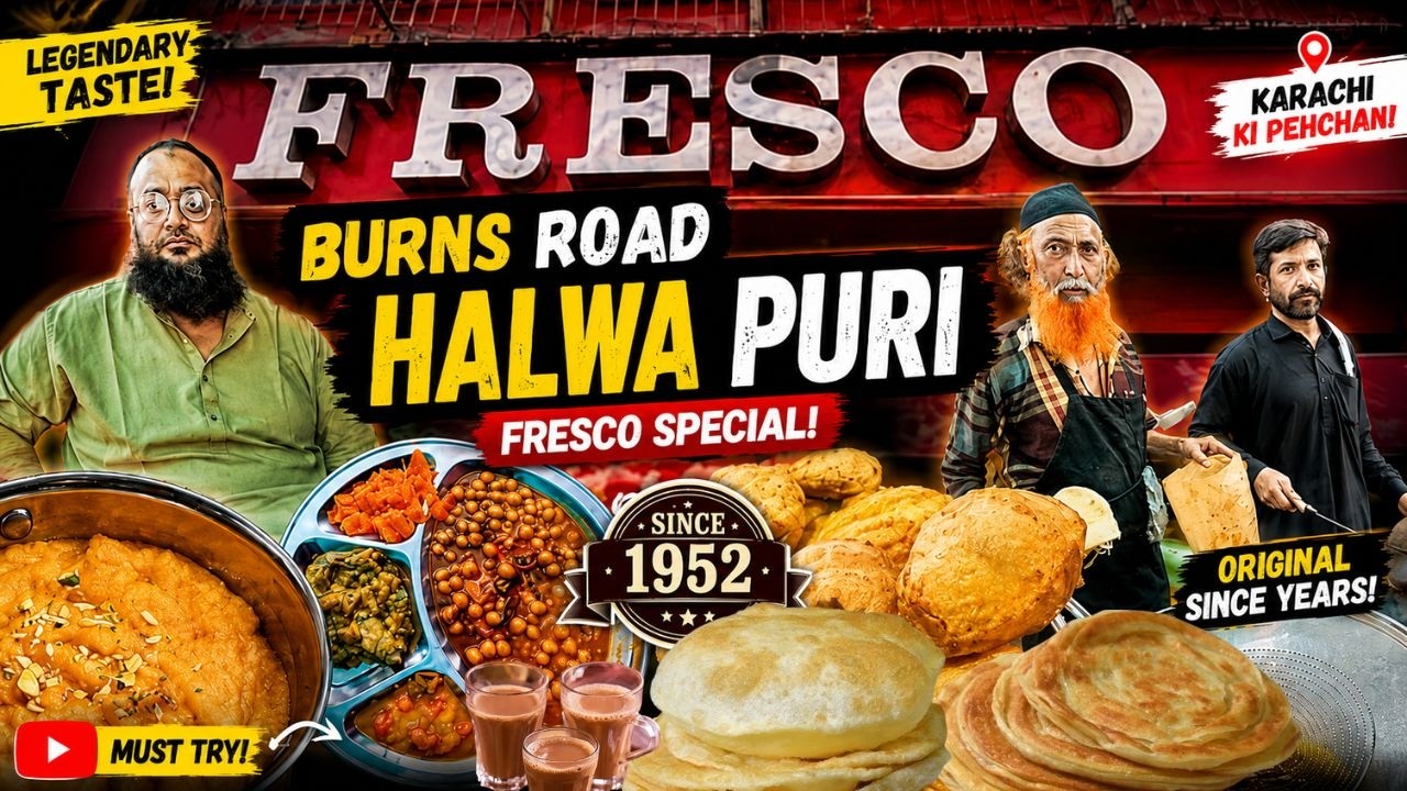 Desi Nashta at Fresco Since1952,Asli Ghee ka Halwa Poori Matri,Qeema Kahori,Karachi Burns  Road l PK