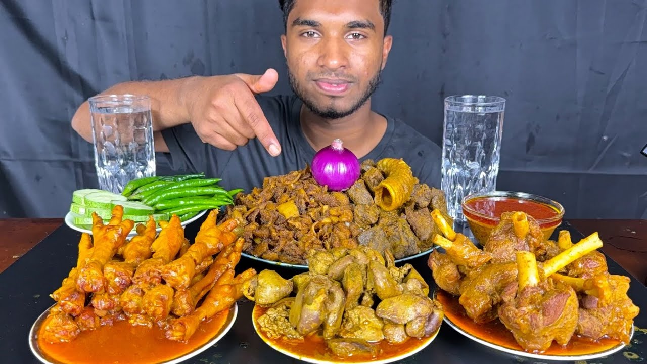 spicy mutton curry, chicken liver curry, chicken feet curry, mutton boti and mutton lungs with rice