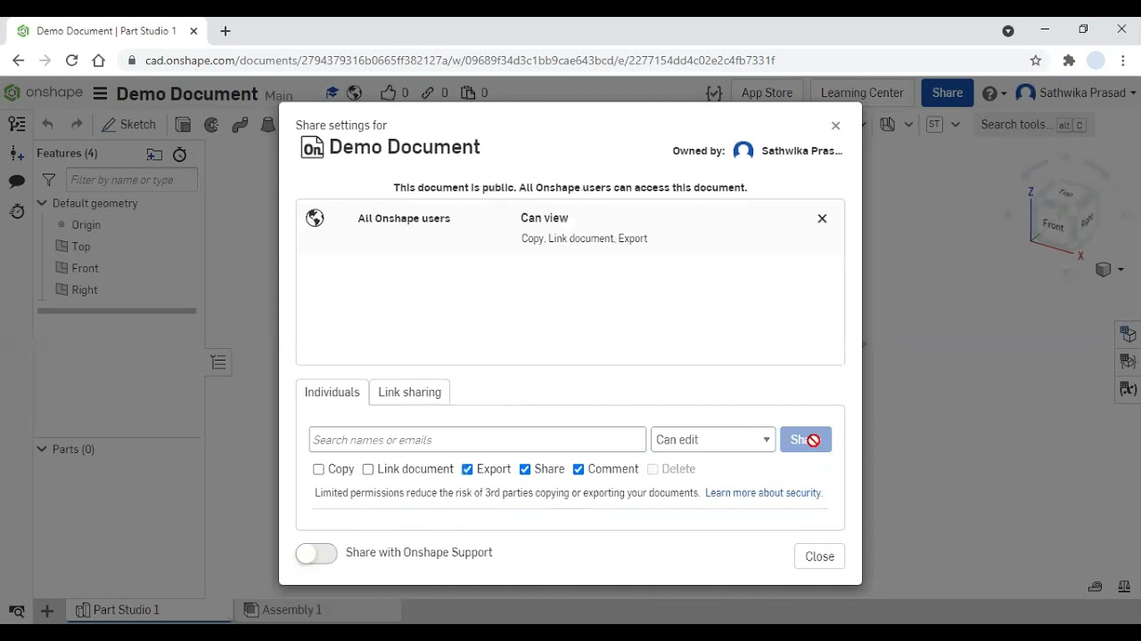 How to share a document in Onshape