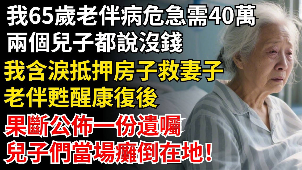 我65歲，老伴病危急需40萬，兩個兒子都說沒錢，我含淚抵押房子救妻子，老伴蘇醒康復後，果斷公布一份遺囑，兒子們當場癱倒在地！#晚年生活#中老年生活#為人處世#生活經驗#情感故事#幸福人生