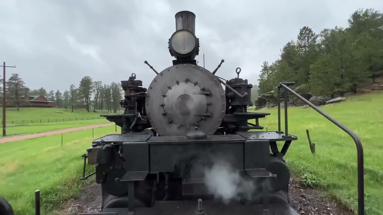 Black Hills Central 108 works on pulling it's passenger train back to Hill City,  from Keystone, SD.