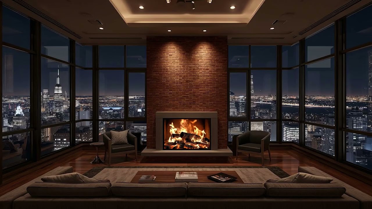 12 Hours of Cozy 4K Fireplace in a New York City Penthouse | Relaxing Crackling Fire Ambience