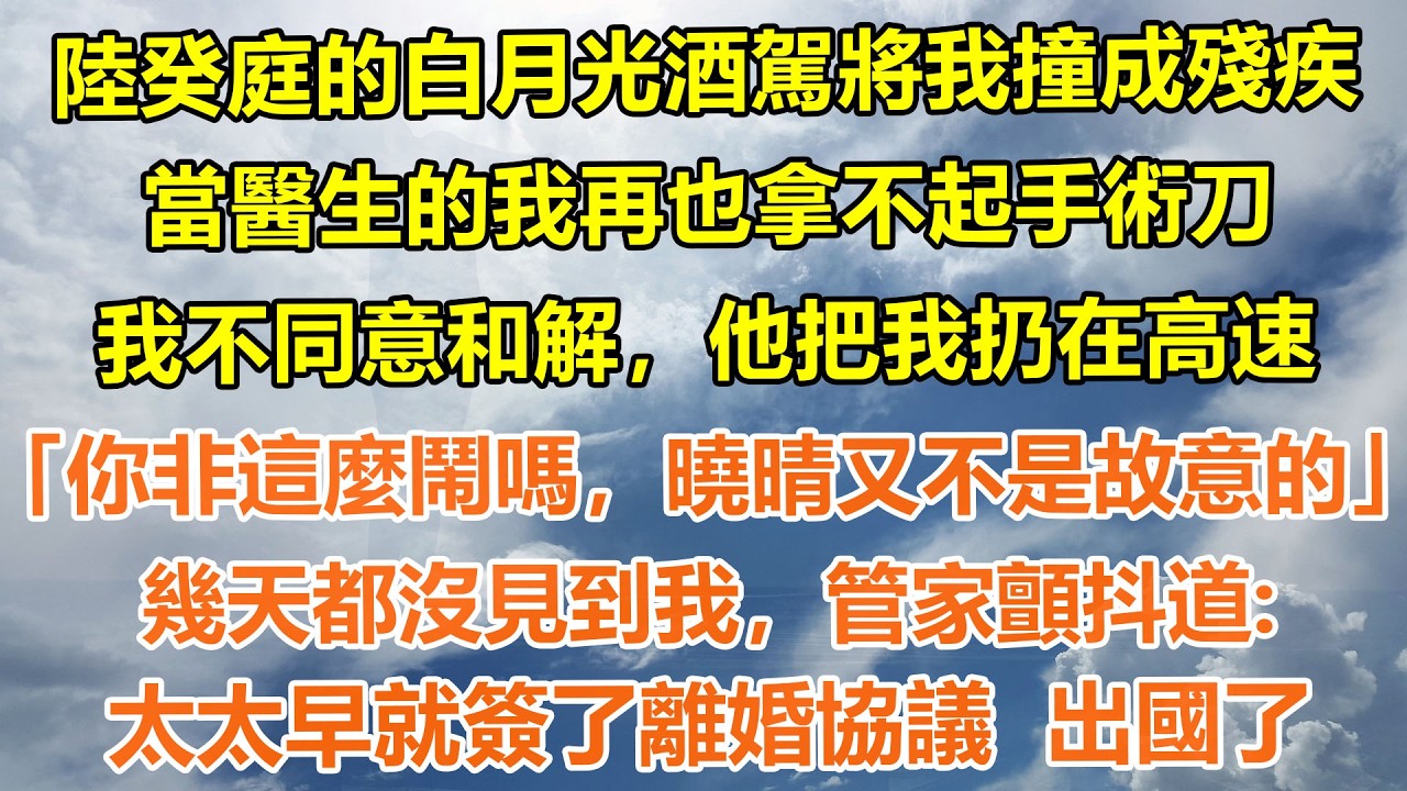 （完結爽文）陸癸庭的白月光酒駕將我撞成殘疾，當醫生的我再也拿不起手術刀。我不同意和解，他把我扔在高速「你非要這麼鬧嗎，曉晴又不是故意的」幾天都沒見到我，管家顫抖道：太太早就簽了離婚協議出國了#情感生活