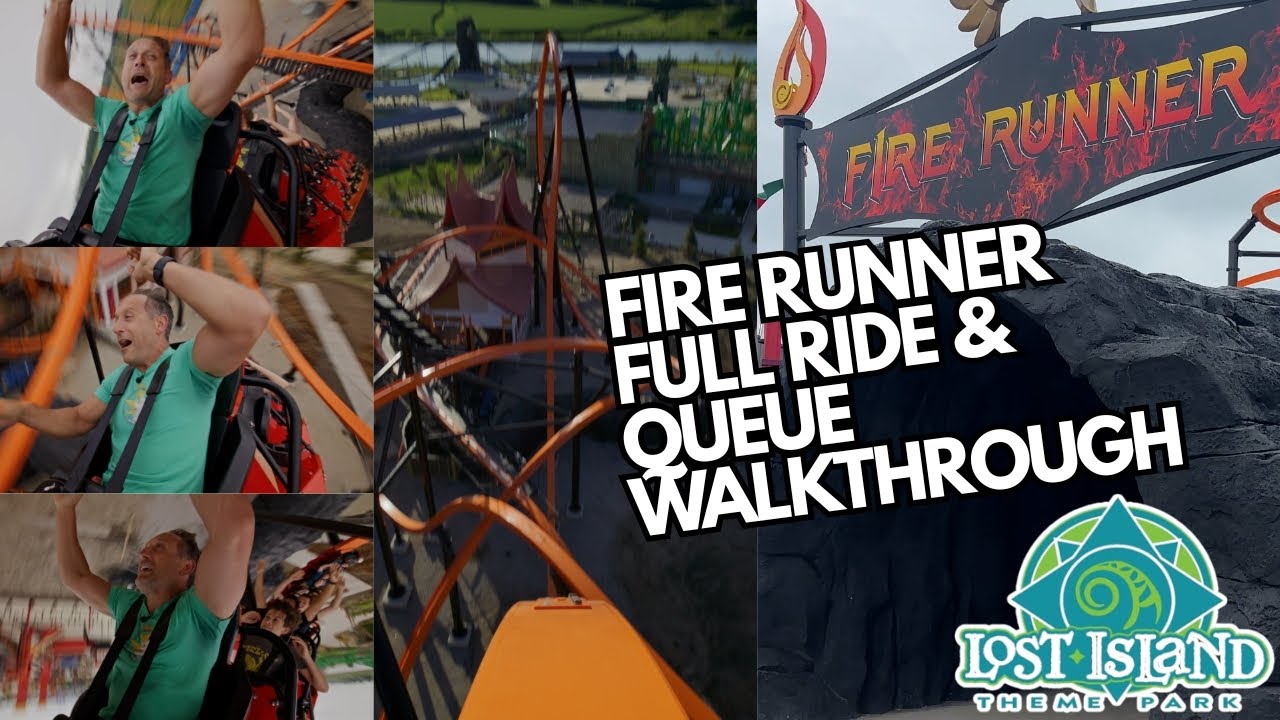 Fire Runner FULL RIDE & QUEUE WALKTHROUGH - Lost Island Themepark, Single Rail Roller Coaster
