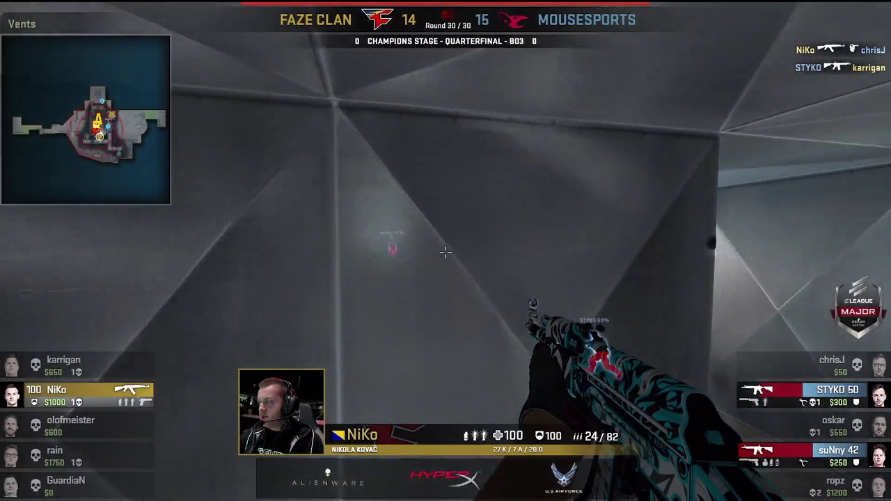 Безумный клатч 3k от FaZe NiKo для выхода в овертайм (против Mouz, карта 1 Nuke, ELEAGUE Major 20...