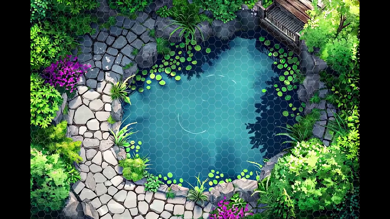 DnD compatible animated map _ Serene Garden with Pond _ hex grid _ ambience for VTT