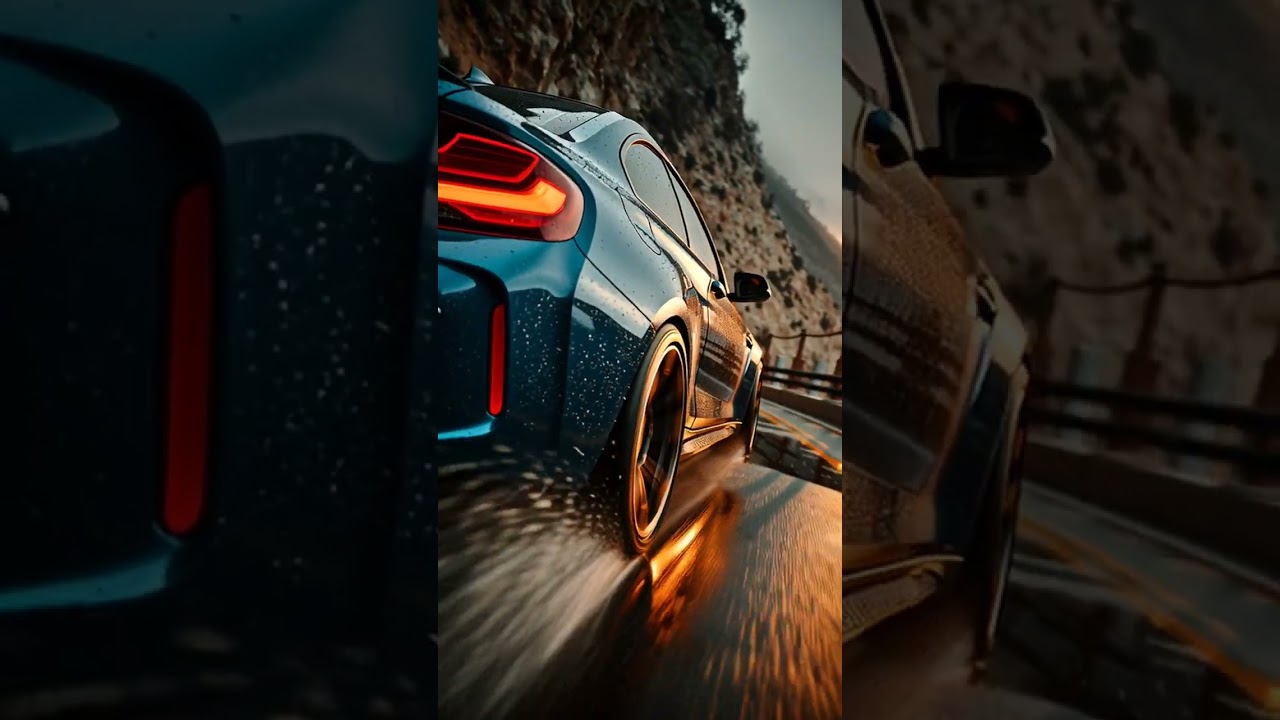 Ultra-photorealistic cinematic tracking shot of the rear three-quarter of a glossy deep-blue BMW ...