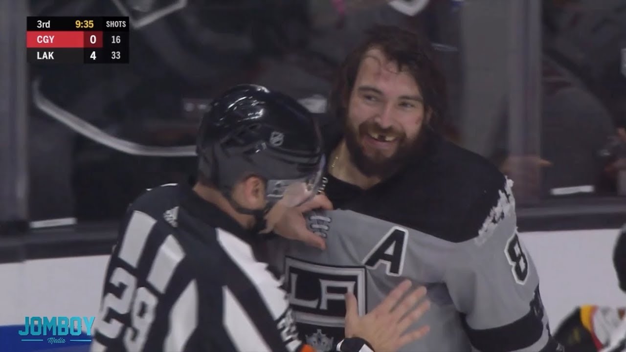 Drew Doughty and Matthew Tkachuk start a dog pile, a breakdown