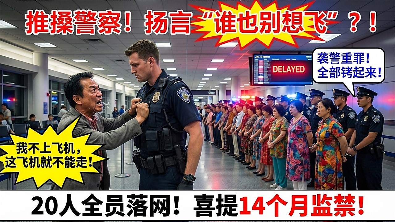 疯传1200万次！华人大叔带20人堵死登机口推搡警察，秒变怂包全员被铐，面临坐牢+2.5万罚单…
