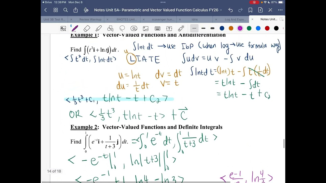 Calc bc 5.5: Integrating vector valued functions