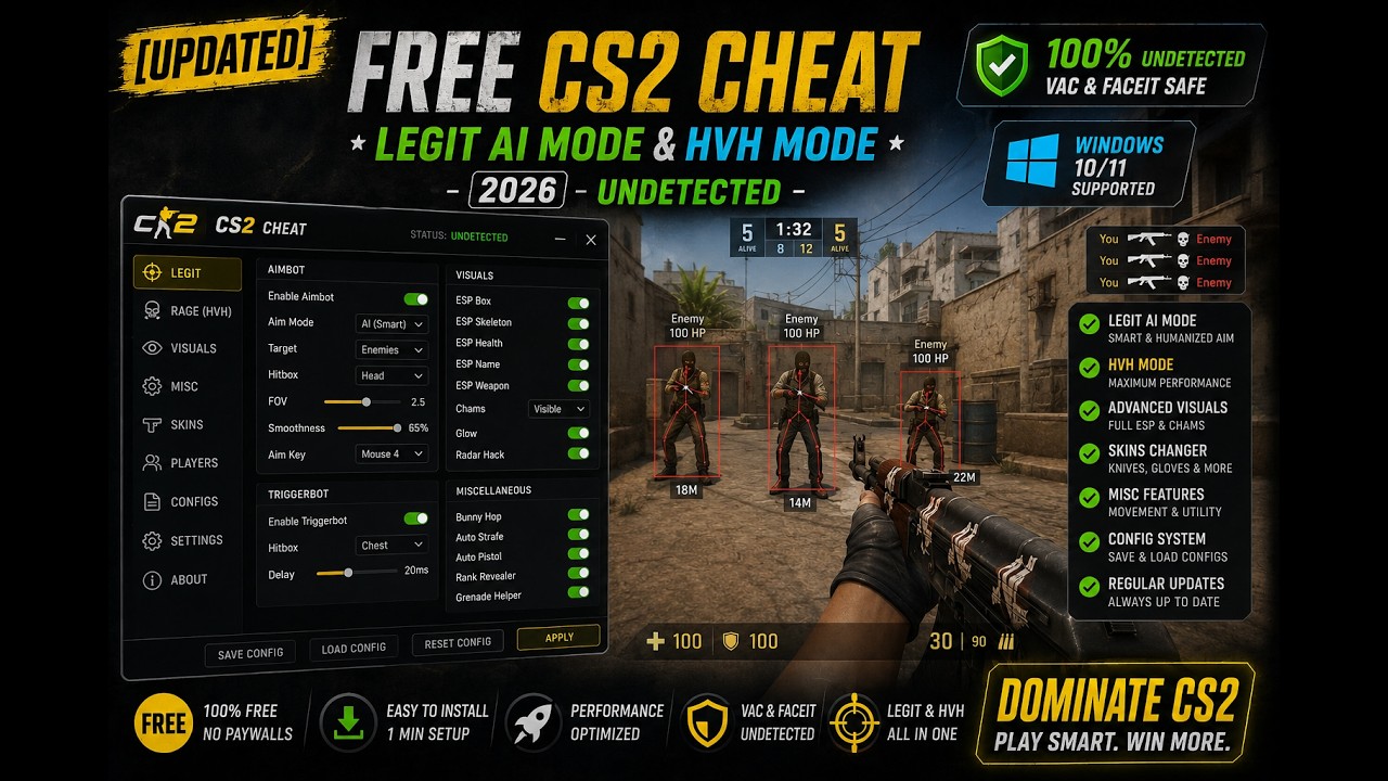 FREE CS2 CHEAT *LEGIT AI MODE & HVH MODE* 2026 - UNDETECTED