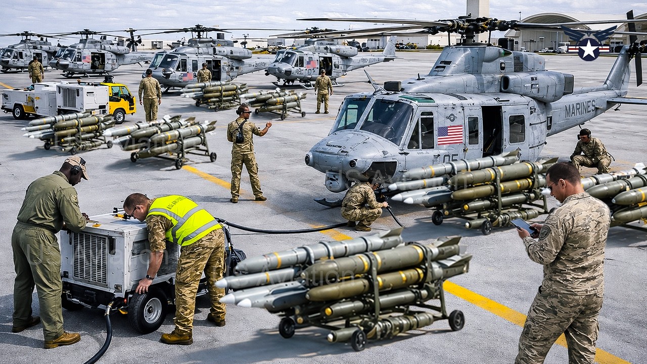 TEHERAN SZOKU! Amerykań okręt wojenny UH-1Y testuje pocisk rakietowy HMLA-167 Hydra-70 celując w cel