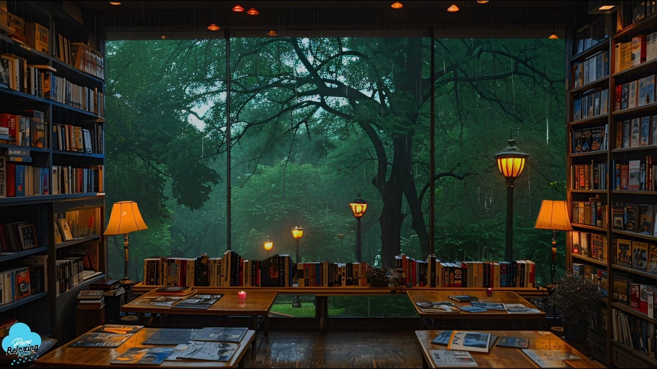 Calm Your Mind with Relaxing Cozy Library Ambience: Soothing Rain Sounds and Gentle Piano Music