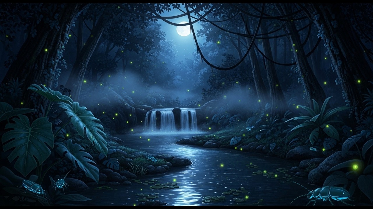 Midnight Rainforest Nocturne | Moonlit Waterfall, Mystical Jungle Piano & Flowing Stream Ambience