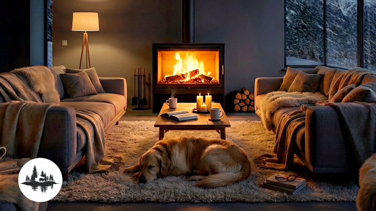 Cozy Winter Ambience with Sleeping Dog, Crackling Fireplace & Soft Piano Music | Relaxing Snow Scene