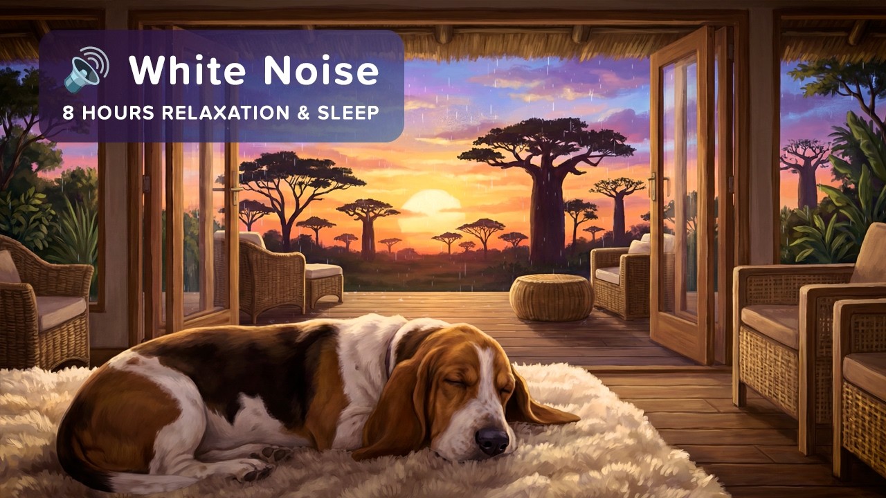 🔊 8 Hours Deep Sleep - African Sunset Lodge | Dog Snoring, Rain & Night Crickets