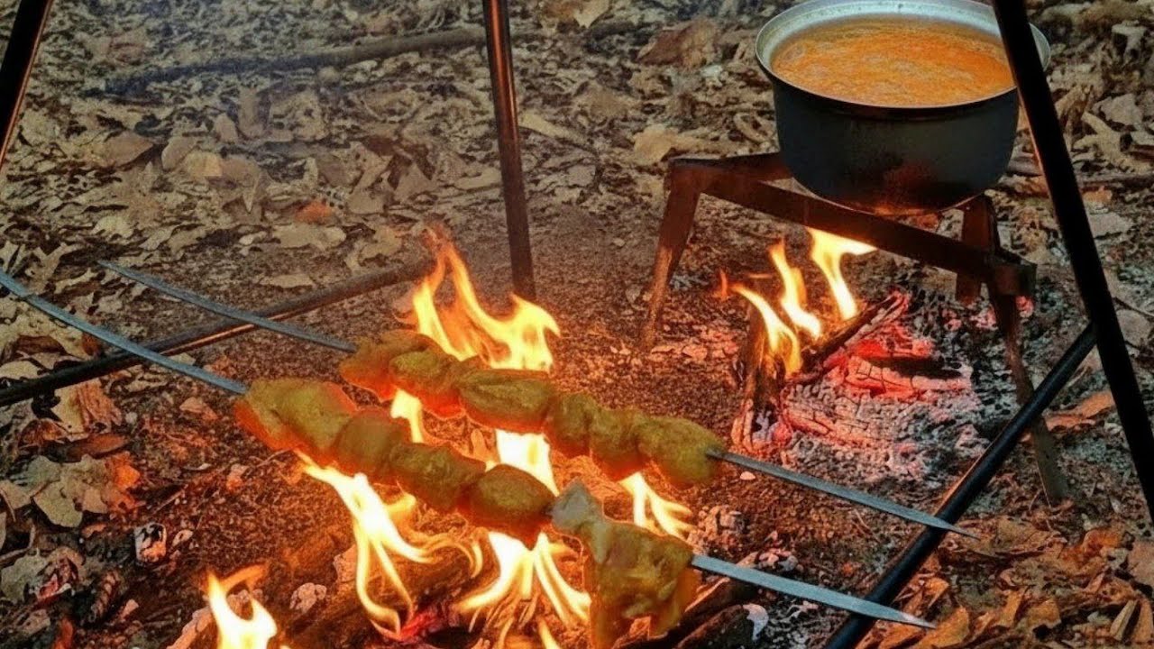 making Asian chicken kebab in the deep forest tomato rice olives &garlic ritual 🌲🔥