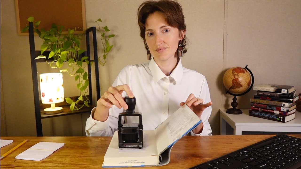 ASMR Library Roleplay - adding new books (whisper, book jacket crinkles, typing & writing sounds)