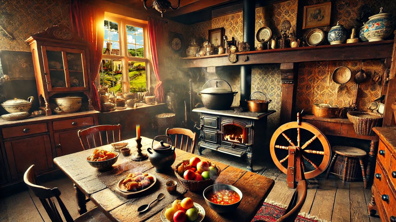 Ambience/ASMR: Family Kitchen in Victorian Cottage, with Fireplace (19th Century Village), 6 Hours