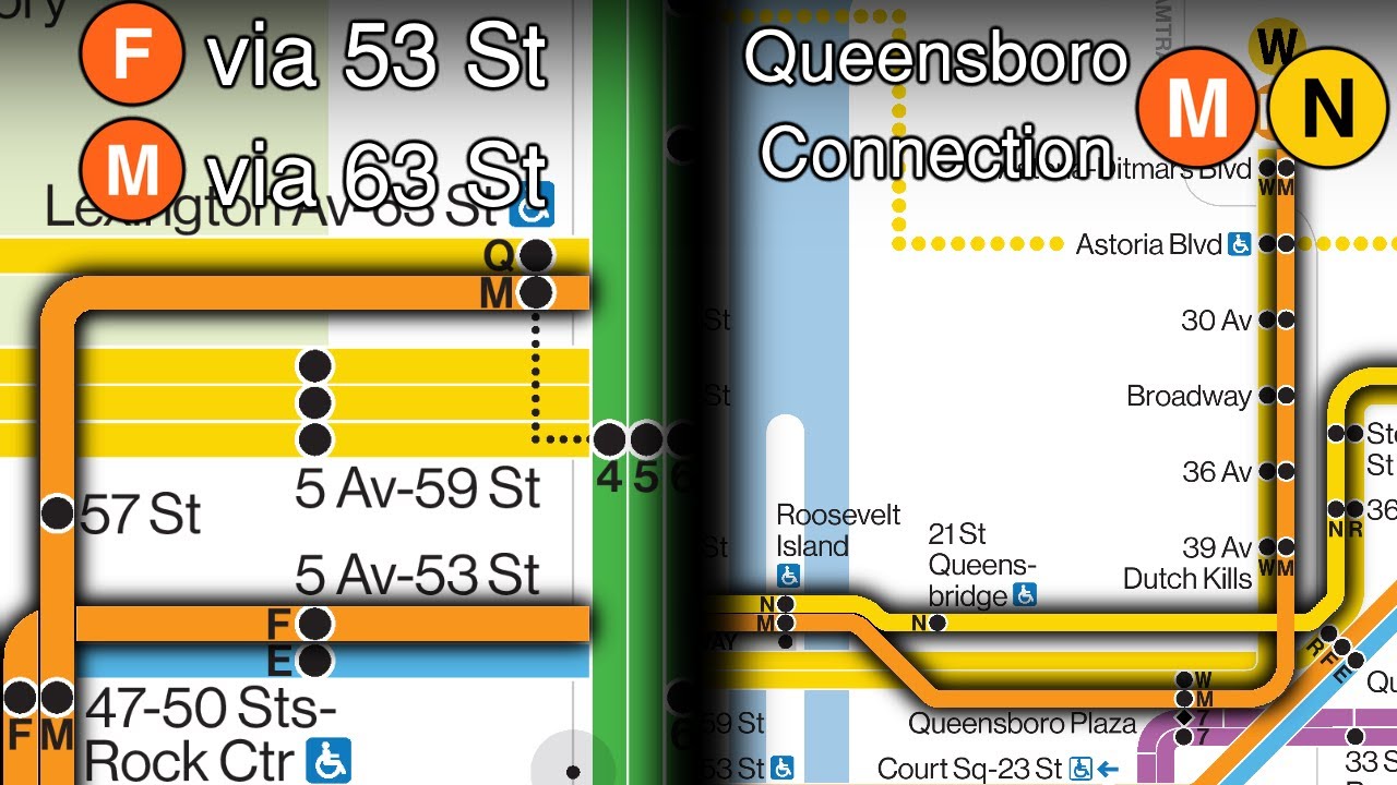 NYC Subway Map Edits: F via 53, M via 63 & The Queensboro Connection [Timelapse] - Experimental Map