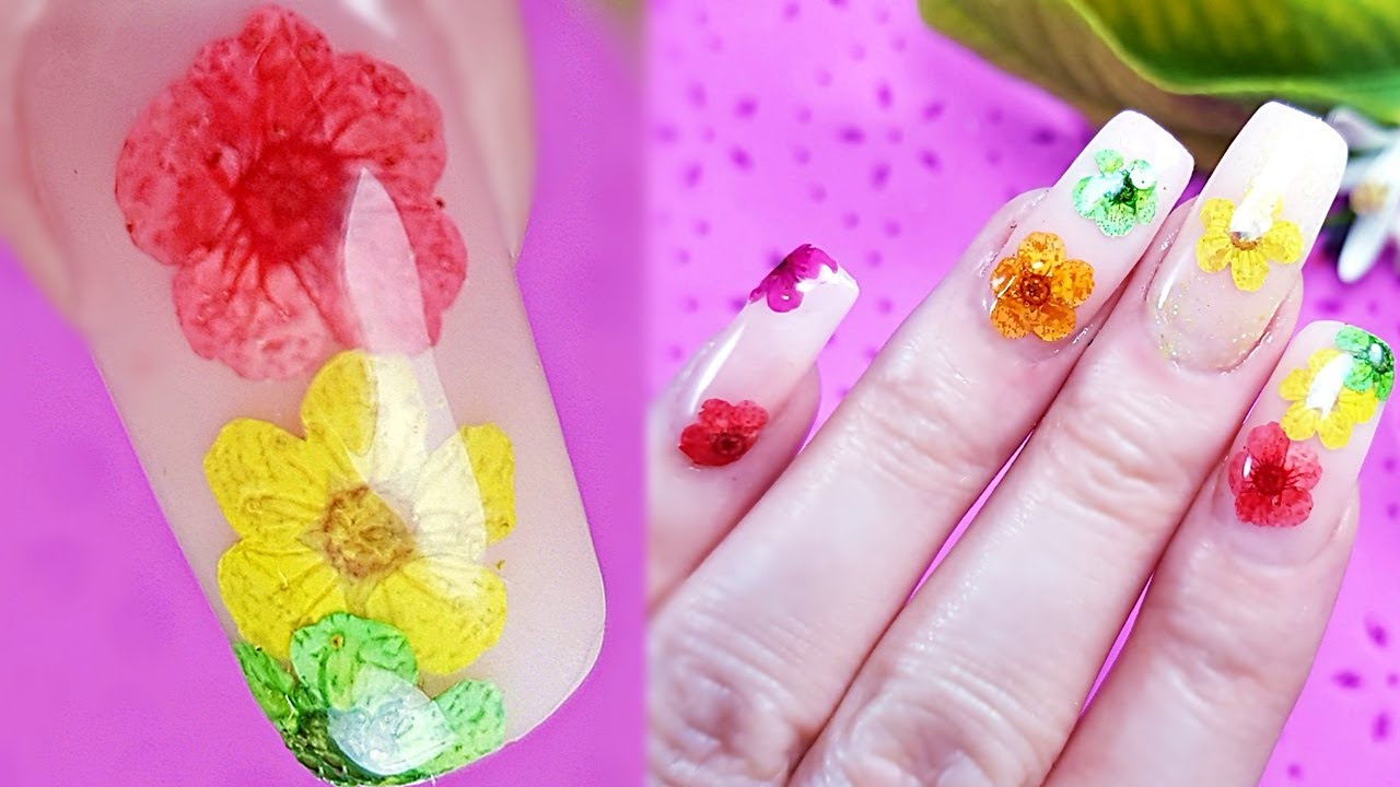 POLYGEL Nail Art with REAL DRIED FLOWERS - DIY Pressed Flower Nails