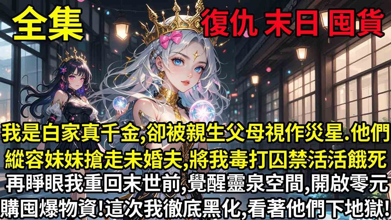 我是白家真千金，卻被親生父母視作災星。他們縱容妹妹搶走未婚夫，將我毒打囚禁活活餓死！再睜眼，我竟重生回末世前，還覺醒靈泉空間！這次我徹底黑化，開啟零元購囤爆物資！這次，我要親眼看著他們下地獄！