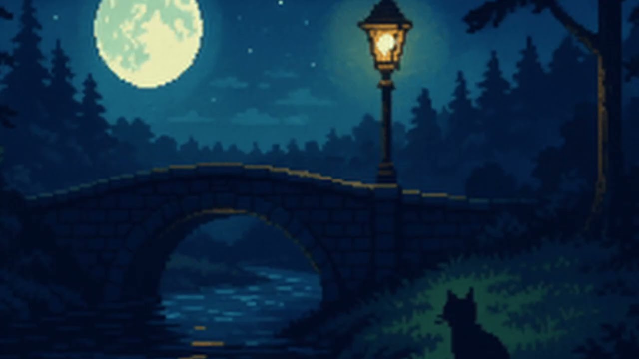 【Pixel Art】月明かりの川と猫 – レトロ×チルBGMで癒しのひととき