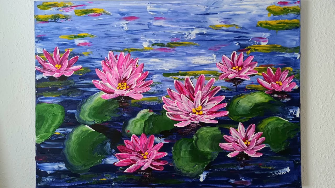 Blumen Malen Acryl Seerosen mit Malspachtel - Flowers Acrylic Painting Water Lilies Palette Knife