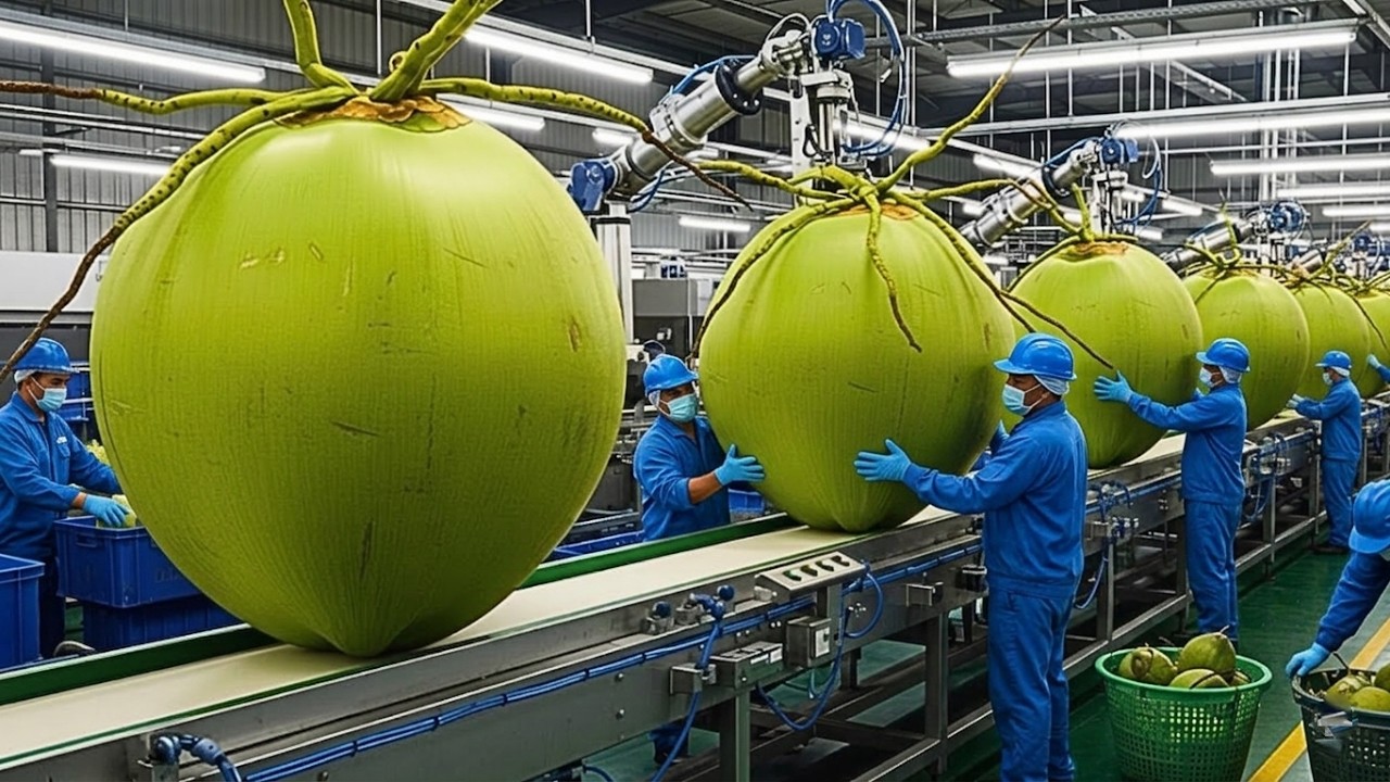 Bên Trong Nhà Máy Sản Xuất Nước Dừa – Toàn Bộ Quy Trình Từ Trái Dừa Tươi Đến Đóng Chai