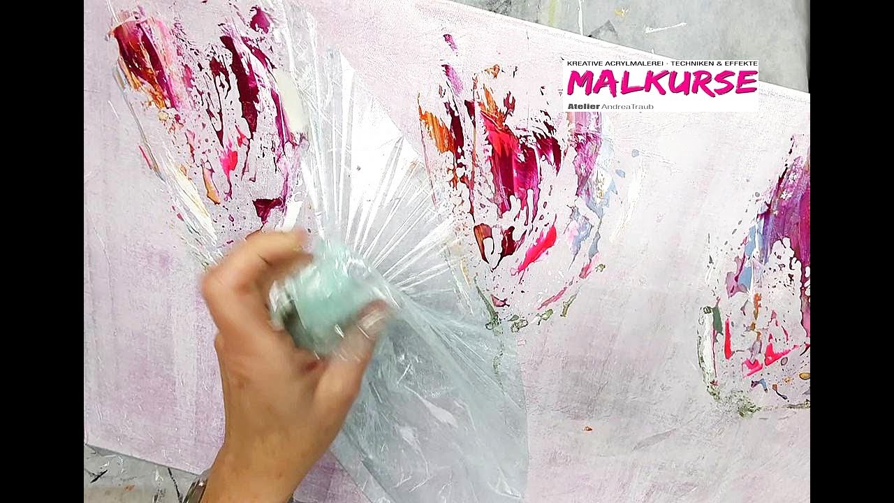 Blumen abstrakt auf Frischhaltefolie malen und Übertragung auf Leinwand Acrylmalerei super Effekte