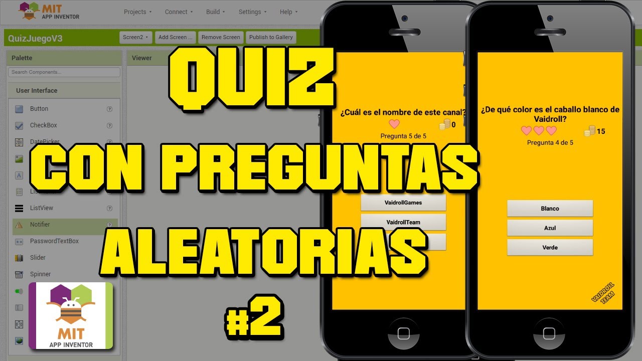 QUIZ CON PREGUNTAS ALEATORIAS #2 (VIDAS Y MONEDAS) EN MIT App Inventor 2