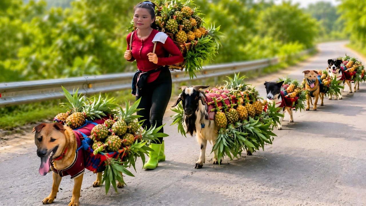 Survival Forest Life: Giant Pineapple Harvest with My Loyal Dogs & Goats | Thu Hoạch Dứa Khổng Lồ.
