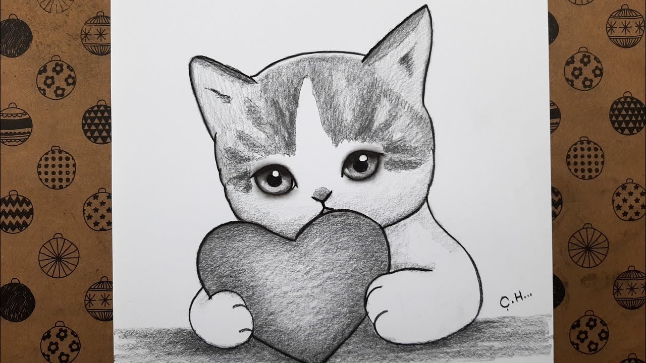 Kolay Kalp Tutan Kedi Resmi Adım Adım Nasıl Çizilir, Karakalem Kolay Çizimleri
