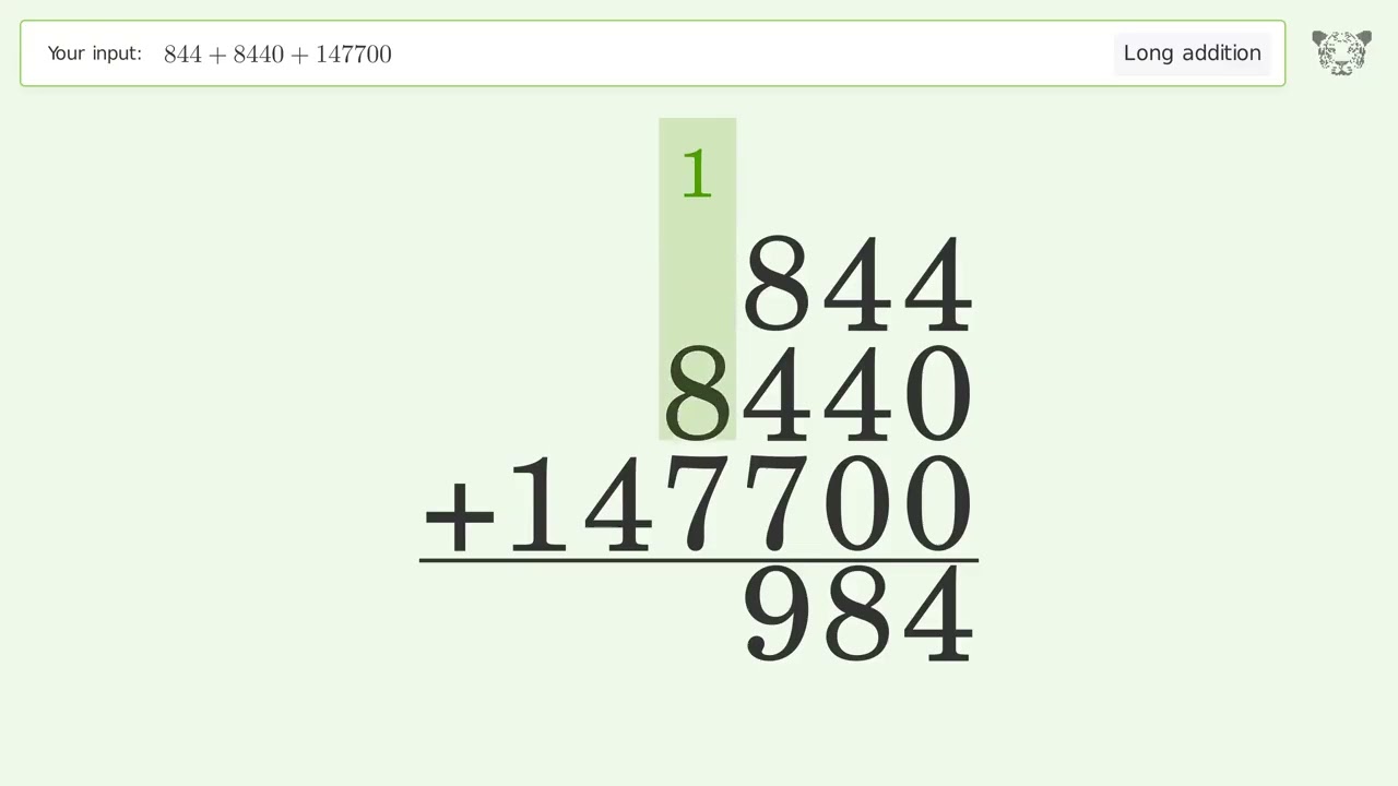 Long Addition Problem 844+8440+147700: Step-by-Step Video Solution | Tiger Algebra