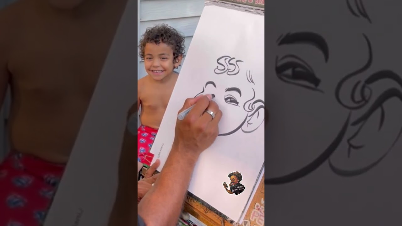 The big guy smiled greatly for his fine line caricature drawing at the pool party art by @Mr.AlaniJ