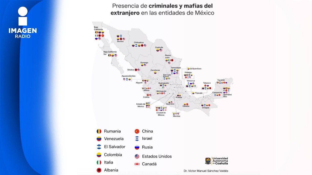 Карта, показывающая деятельность международных преступных группировок, действующих в 32 штатах Ме...