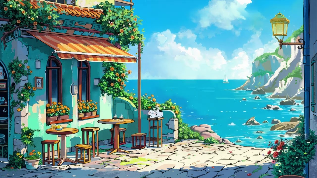Morning Jazz & Cheerful Bossa Nova Music at Seaside Cafe Ambience for Relaxing, Studying, Working