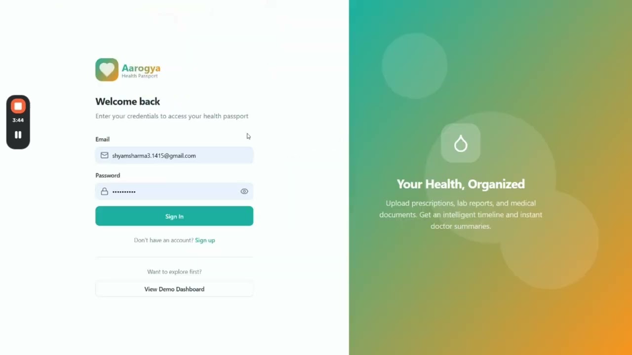 Aarogya Passport Demo — AI Health Record Timeline | Continuity-of-Care Platform Prototype