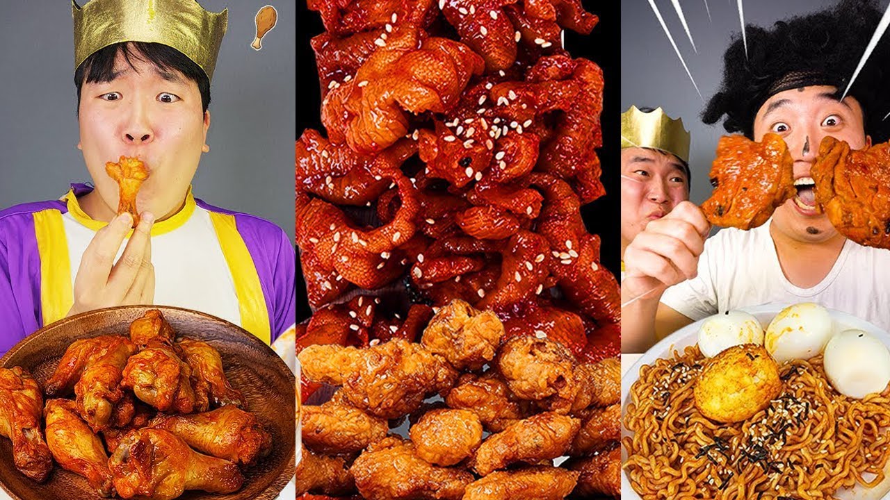 ASMR MUKBANG 직접 만든 매운 국물닭발 떡볶이 허니콤보 양념 치킨먹방! & 레시피Звук поедания огненной лапши и токпокки! HUBA후바