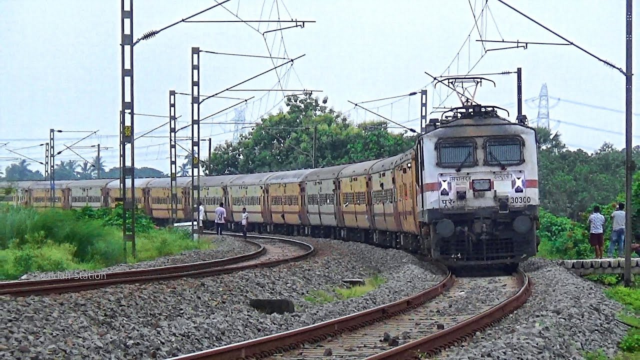 Jangipur Road-Sealdah Express Train passing through huge Rail Curve with HWH/WAP-7/30300 Locomotive