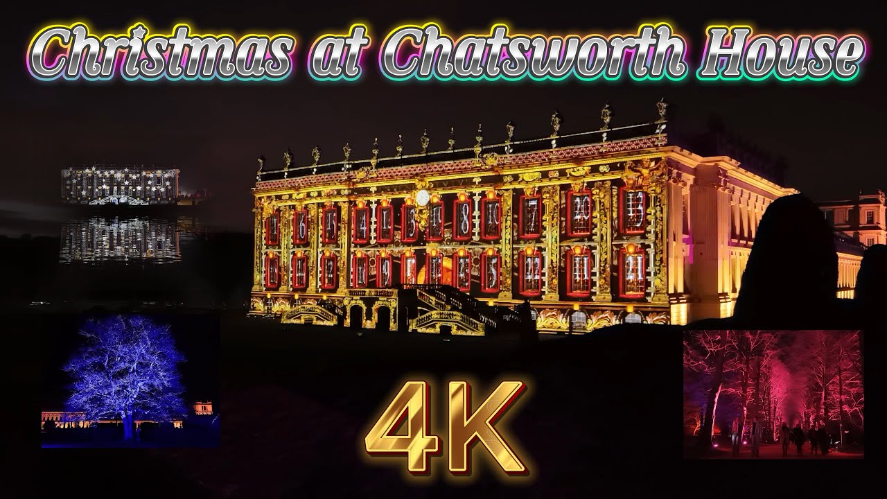 Wow, Spectacular Chatsworth House Christmas light trail & animated light show UK. DJI mini 4 pro 4K